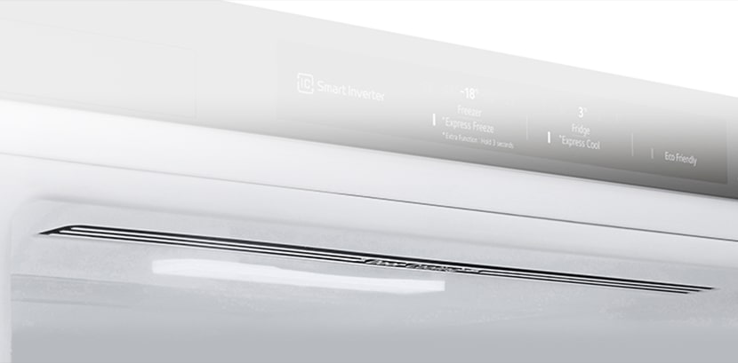 Porte d'un réfrigérateur LG avec affichage digital Smart Inverter, température du congélateur et réfrigérateur.