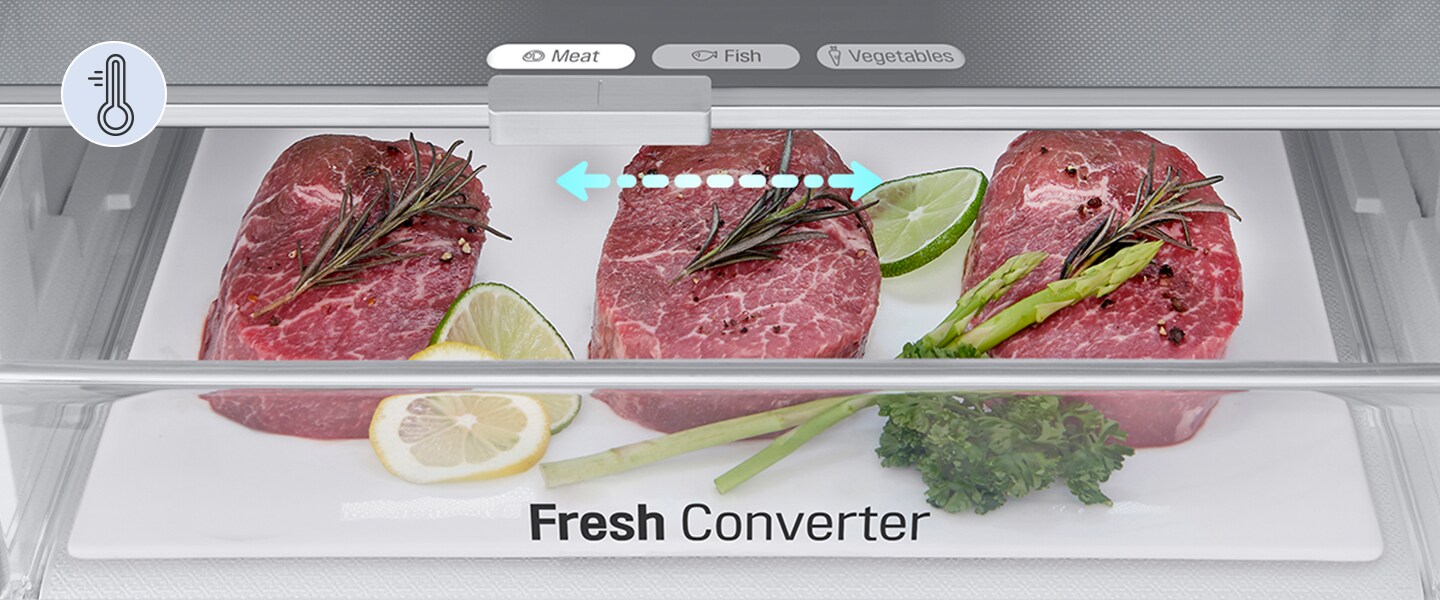 Compartiment LG Fresh Converter avec viande, citron, lime et légumes, réglage température visible.