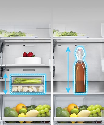 Sur la gauche, une étagère est déployée à l’intérieur du réfrigérateur et un petit récipient pour aliments a été placé et, sur la droite, l’étagère a été pliée dans la même position et une grande bouteille a été posée.