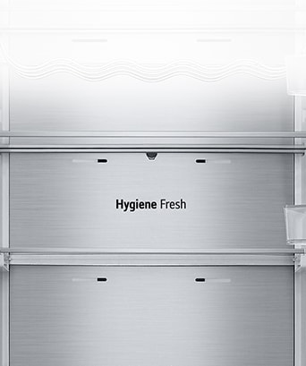 Gros plan sur l’étiquette Hygiene Fresh à l'intérieur du réfrigérateur.	