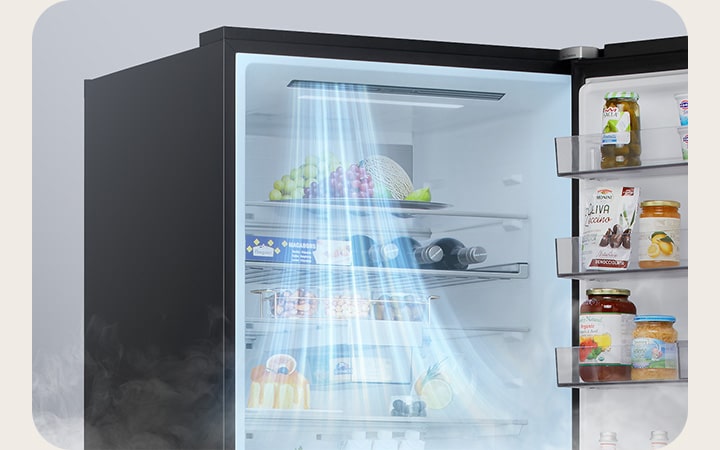 Kombinovaná chladnička LG (GBBW726AEV) se otevírá a světle modrý vzduch proudí z levého otvoru směrem ke košům ve dveřích, kde jsou uloženy láhve a nádoby s ovocem.