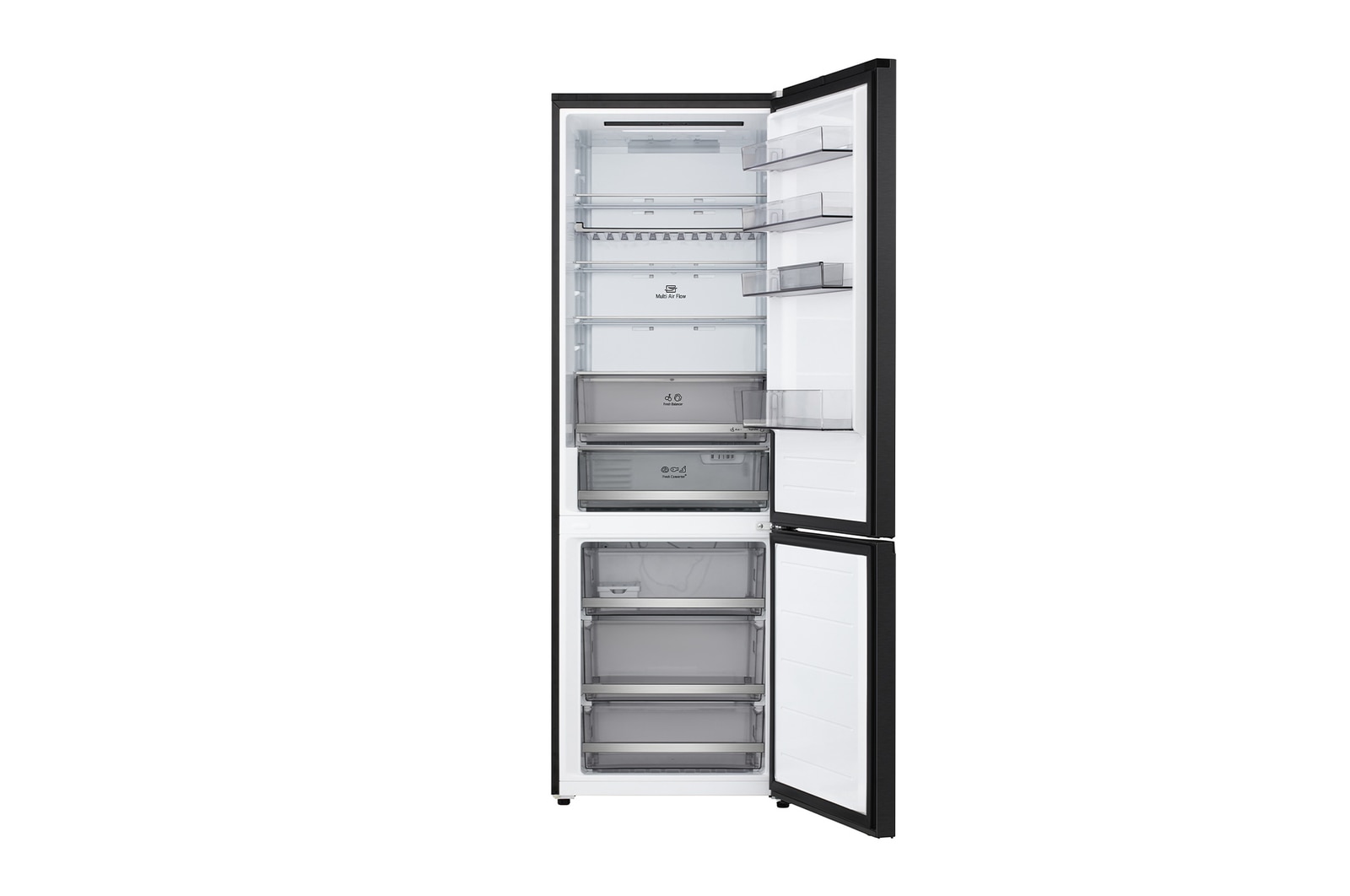 LG bottom freezer (GBBW726AEV) full door open view showing fridge and freezer compartments