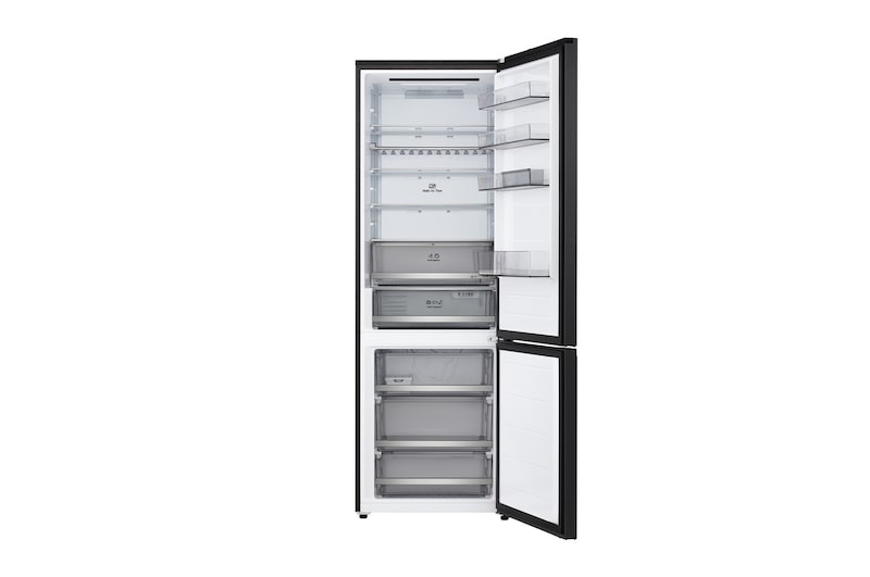 LG bottom freezer (GBBW726AEV) full door open view showing fridge and freezer compartments