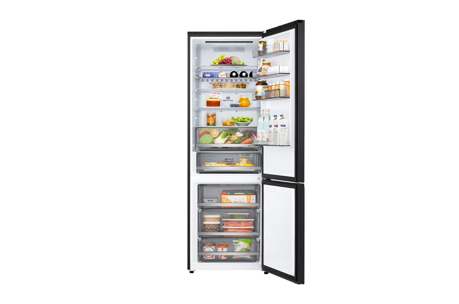 LG fridge freezer (GBBW726AEV) top view with matte black fridge on left and cabinet wall on right