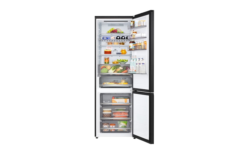 LG fridge freezer (GBBW726AEV) top view with matte black fridge on left and cabinet wall on right