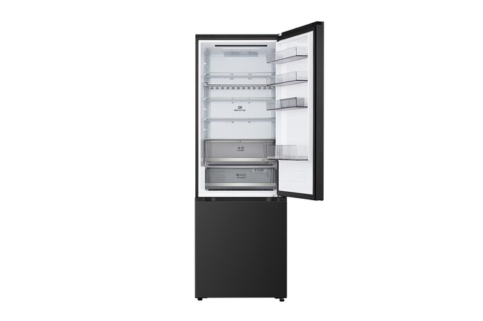 LG bottom freezer (GBBW726AEV) in living space with night city view overlaid with AI Saving Mode graphic and fluctuating energy chart