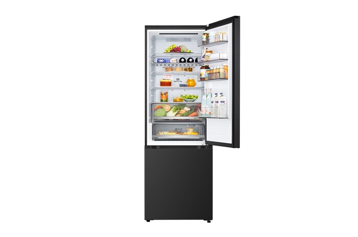 LG fridge freezer (GBBW726AEV) close up of wine rack holding four bottles and box of macarons with rack design magnified in circular image