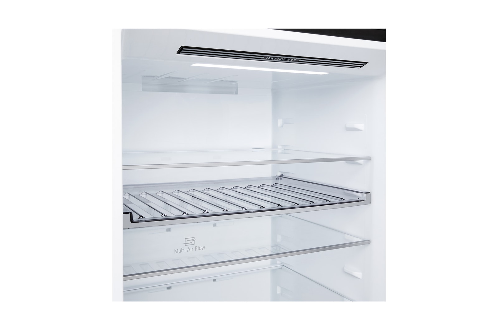 LG fridge freezer (GBBW726AEV) shelf highlighted in blue with arrows up and down right image shows folded shelf holding two water bottles