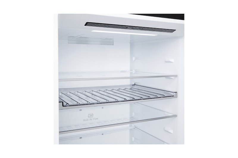 LG fridge freezer (GBBW726AEV) shelf highlighted in blue with arrows up and down right image shows folded shelf holding two water bottles