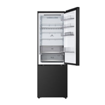 LG bottom freezer (GBBW726AEV) in living space with night city view overlaid with AI Saving Mode graphic and fluctuating energy chart