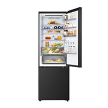 LG fridge freezer (GBBW726AEV) close up of wine rack holding four bottles and box of macarons with rack design magnified in circular image