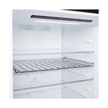 LG fridge freezer (GBBW726AEV) shelf highlighted in blue with arrows up and down right image shows folded shelf holding two water bottles