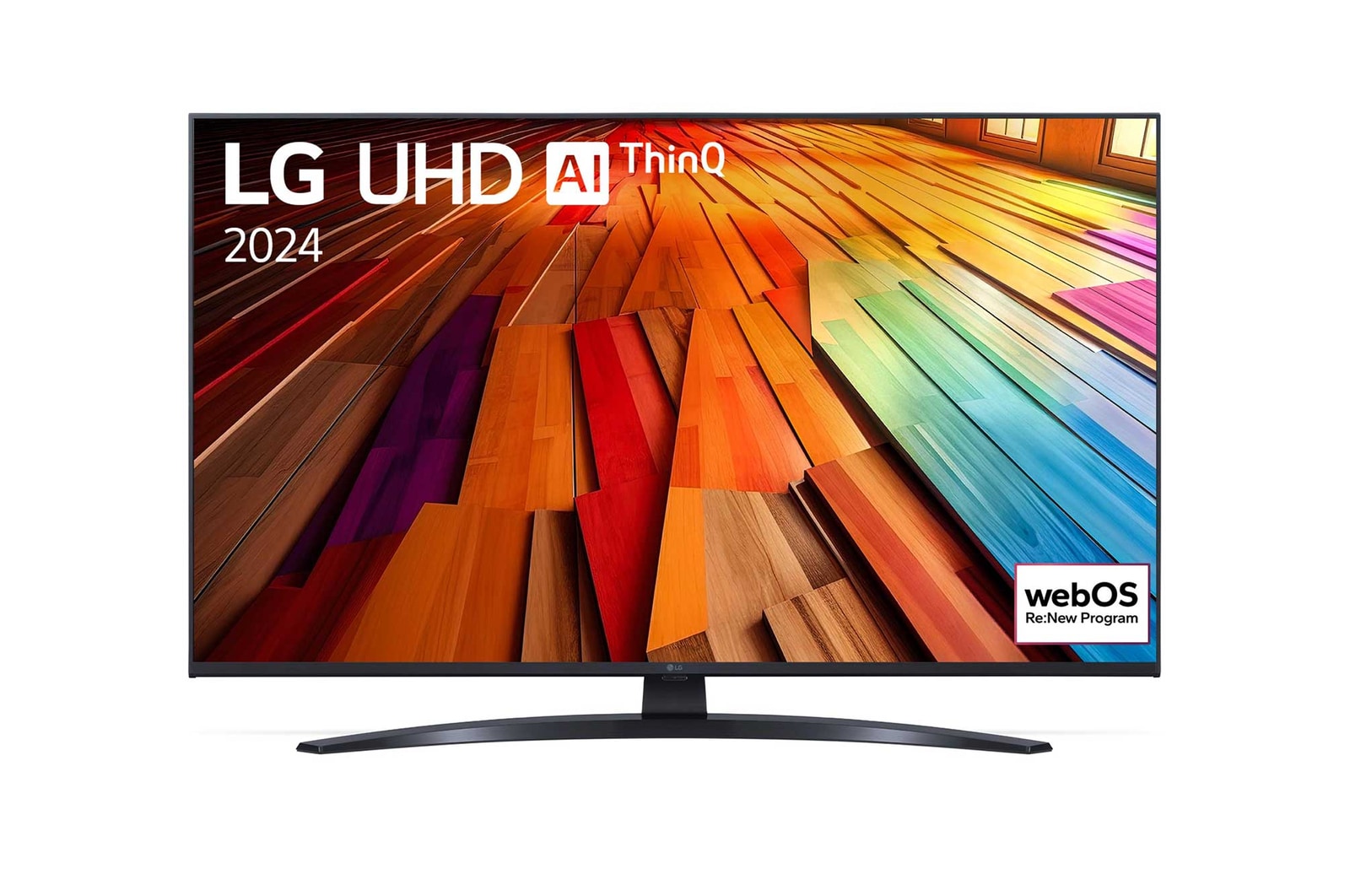 Front view of LG UHD TV, UT81 with text of LG UHD AI ThinQ, 2024, and webOS Re:New Program logo on screen