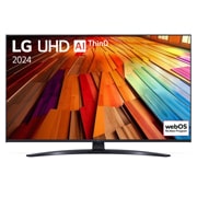 Front view of LG UHD TV, UT81 with text of LG UHD AI ThinQ, 2024, and webOS Re:New Program logo on screen