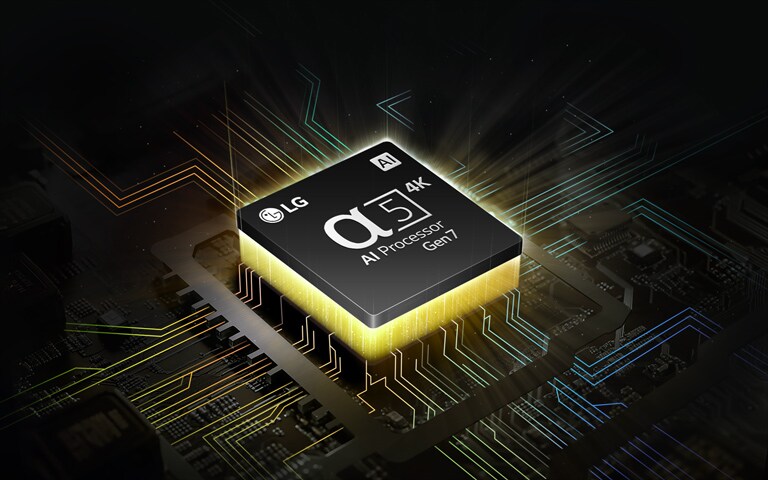 LG's alpha 5 AI Processor 4K Gen7 with yellow light emanating underneath, and colorful circuit board lines branching off the AI Processor.	