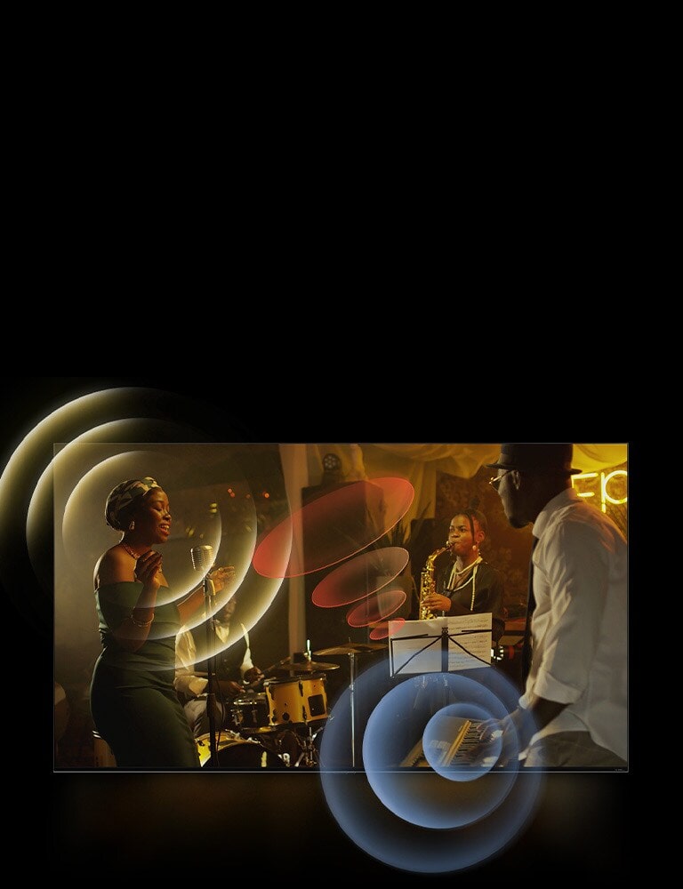 LG TV showing musicians performing, with bright circle graphics around the space.	