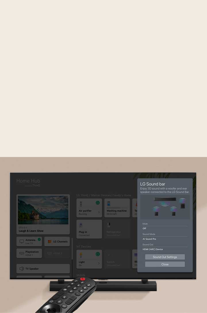 Um controlo remoto apontado para uma LG TV a mostrar definições no lado direito do ecrã.
