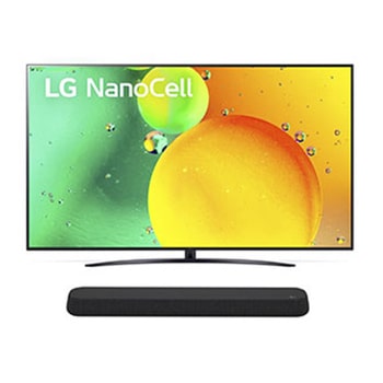 Vue de face du TV LG Nanocell, série NANO76 et de la barre de son LG SE6S
