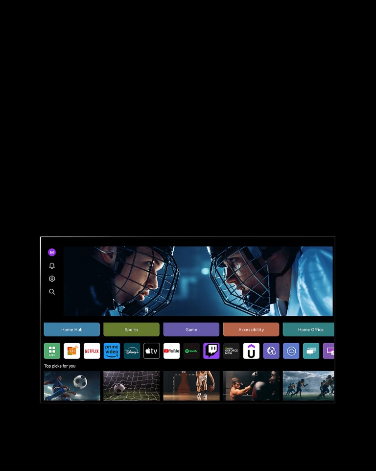 LG TV ekranında Profilim ekranı görüntüleniyor. Üstten üçüncü sırada Tangible Wonders afişi yer alıyor. Afişin altında, aşağıdaki düğmeler görüntüleniyor: Ev Merkezi, Spor, Oyun, Erişilebilirlik, Ev Ofis. Düğmelerin altında, aşağıdaki logolar görüntüleniyor: LG Channels, Netflix, Prime Video, Disney+, Apple TV, YouTube, Spotify, Twitch, GeForce Now ve Udemy. Logoların altında “Sizin için Seçtiklerimiz” yazısı altında 5 farklı filme ait küçük resim görüntüleniyor. Bir imleç sol üst köşede “S” baş harfine tıklıyor. LG Hesabı aşağı açılır menüsü açılır ve beş farklı ad görüntülenir. İmleç, küçük resim şeklindeki ikinci ada tıklar ve ekrandaki önerilen içerikler değişir.