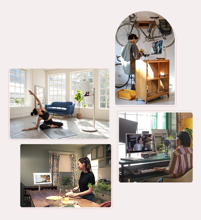 On voit 4 collages de style de vie de personnes faisant différentes activités tout regardant leur téléviseur : une femme fait du yoga en regardant un tutoriel de yoga, un homme répare son vélo en regardant un tutoriel, un autre homme chante en streaming, et une femme cuisine en regardant une vidéo de recette.