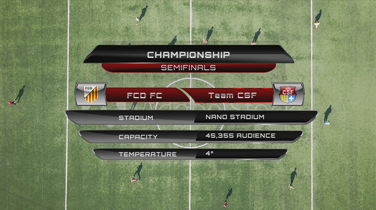 Image d’un match de championnat montrant des informations sur les différentes équipes, le stade, la capacité et la température.