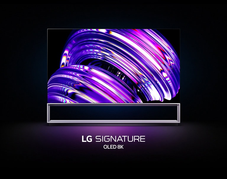 Le contour d’un LG OLED Z2 apparaît sur un fond noir. Lorsque le téléviseur est complètement formé, une image abstraite violette s’affiche à l’écran, et les mots « TÉLÉVISEUR OLED 8K LG SIGNATURE » apparaissent en dessous.