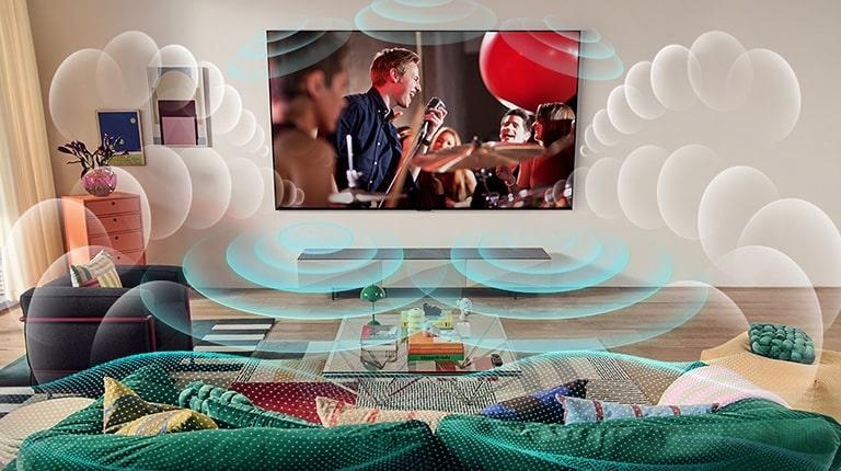 Image d’un téléviseur LG OLED dans une pièce - un concert est diffusé. Des bulles représentant le son Virtual Surround occupent l’espace.