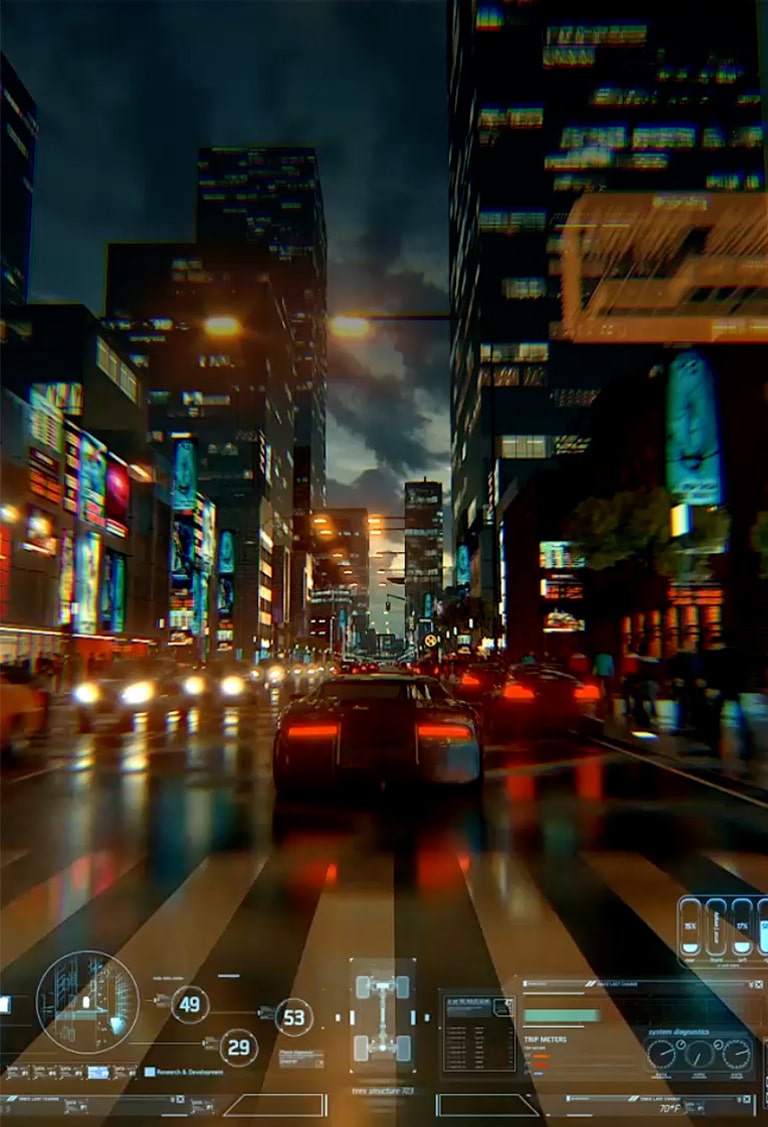 Une vidéo suit une voiture par derrière dans un jeu vidéo alors qu’elle roule dans une rue de la ville très éclairée au crépuscule.
