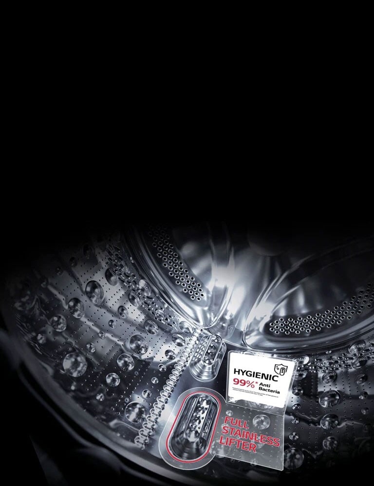 Intérieur du lave-linge entièrement en inox avec un système d’aubes de lavage performant