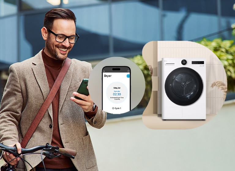 Un homme contrôle à distance le sèche-linge LG à distance via une application ThinQ.