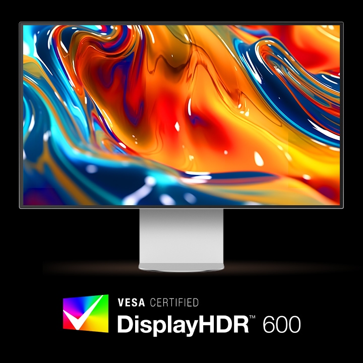 Vue avant du moniteur UltraFine avec l’image colorée montrant comment les couleurs s’affichent avec précision. En dessous des emplacements du logo VESA CERTIFIED DisplayHDR™ 600.