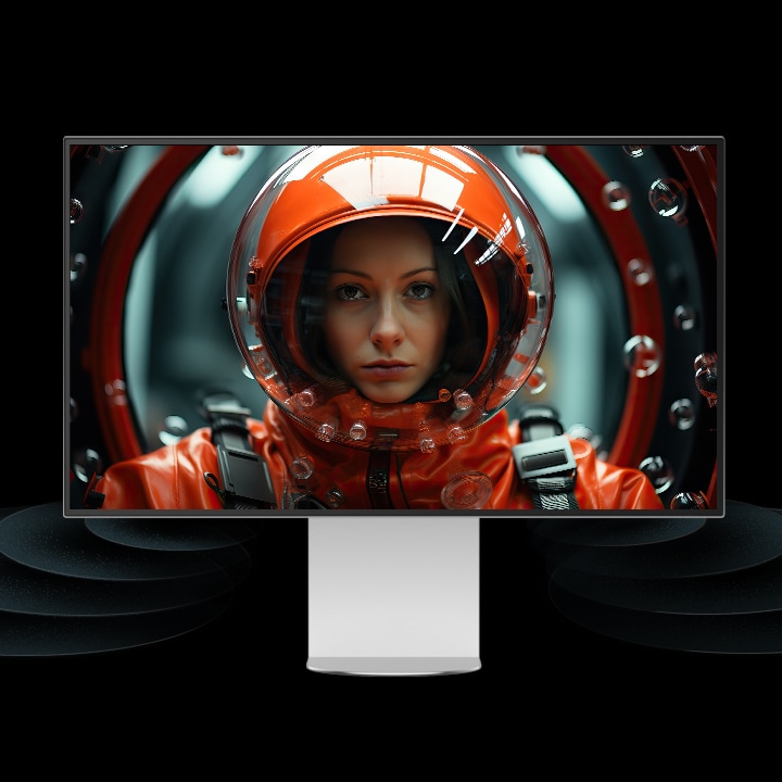 Un moniteur UltraFine est placé dans un espace virtuel, avec des ondes sonores provenant de la partie inférieure du moniteur se déplaçant vers l’avant. À l’écran, une femme porte une combinaison espace rouge regarde vers l’avant.