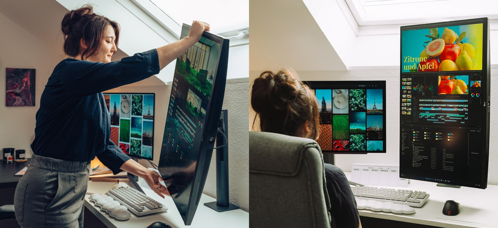 Une femme ajustant son grand écran verticalement, puis assise devant une configuration à deux écrans affichant des images vibrantes et des graphiques colorés.