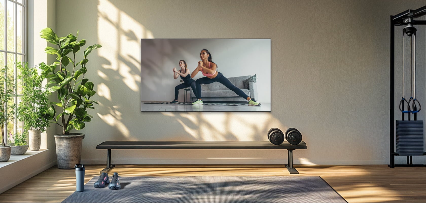 Salle de sport à domicile avec TV LG OLED affichant un programme de fitness, banc, haltères et plantes pour une ambiance dynamique.