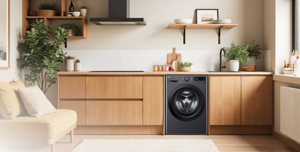 Sèche-linge LG dans une cuisine lumineuse avec des armoires en bois et de la verdure, s'intégrant harmonieusement au décor naturel.