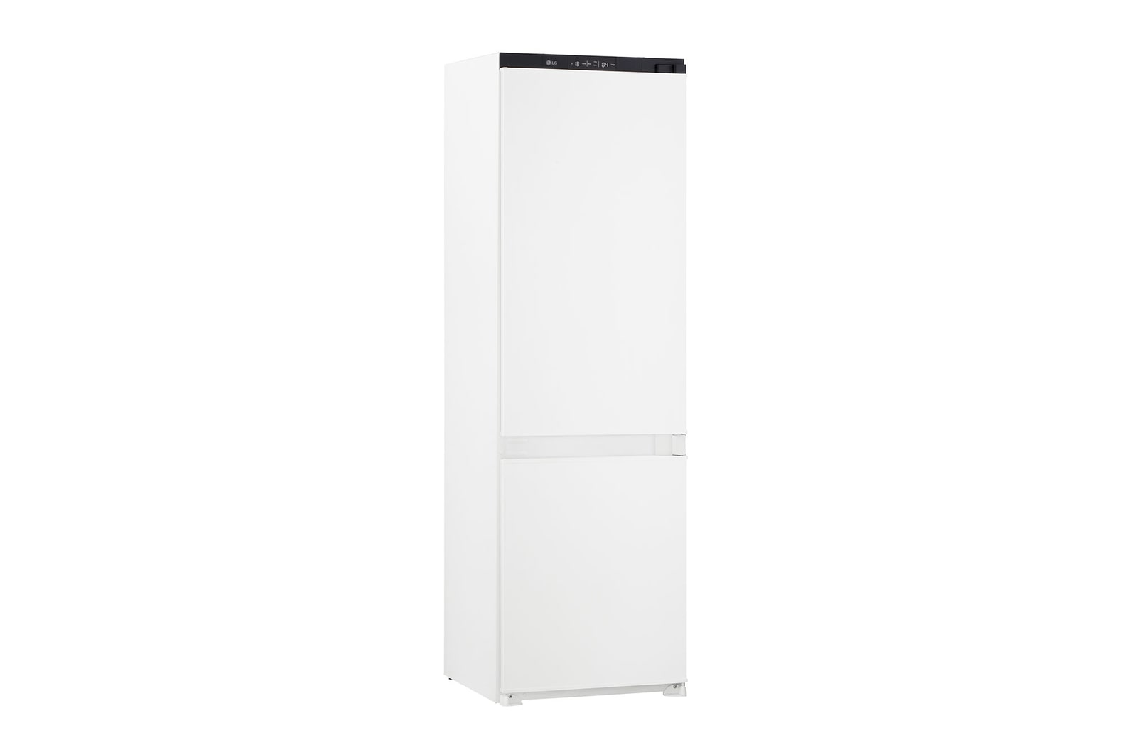 Vista frontal aberta do Frigorífico Combinado de Encastre Branco com 233l, No Frost Total e Gaveta Para Vegetais Frescos