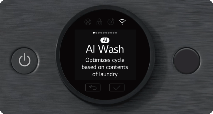 A close-up view of the control panel on an LG washing machine is centered in the image, featuring buttons including 'click here' on the right and a digital display. 