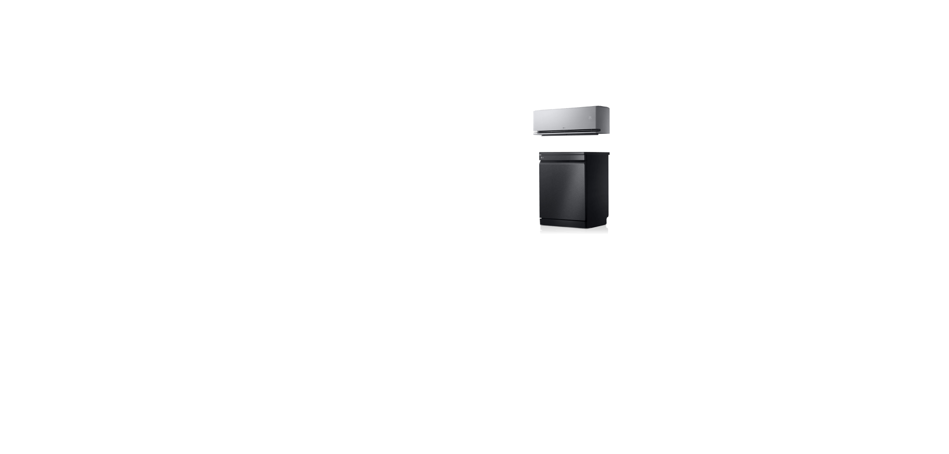 The LG air conditioner and dishwasher, finished in matte black, is angled slightly to the side and highlighted with subtle lighting.