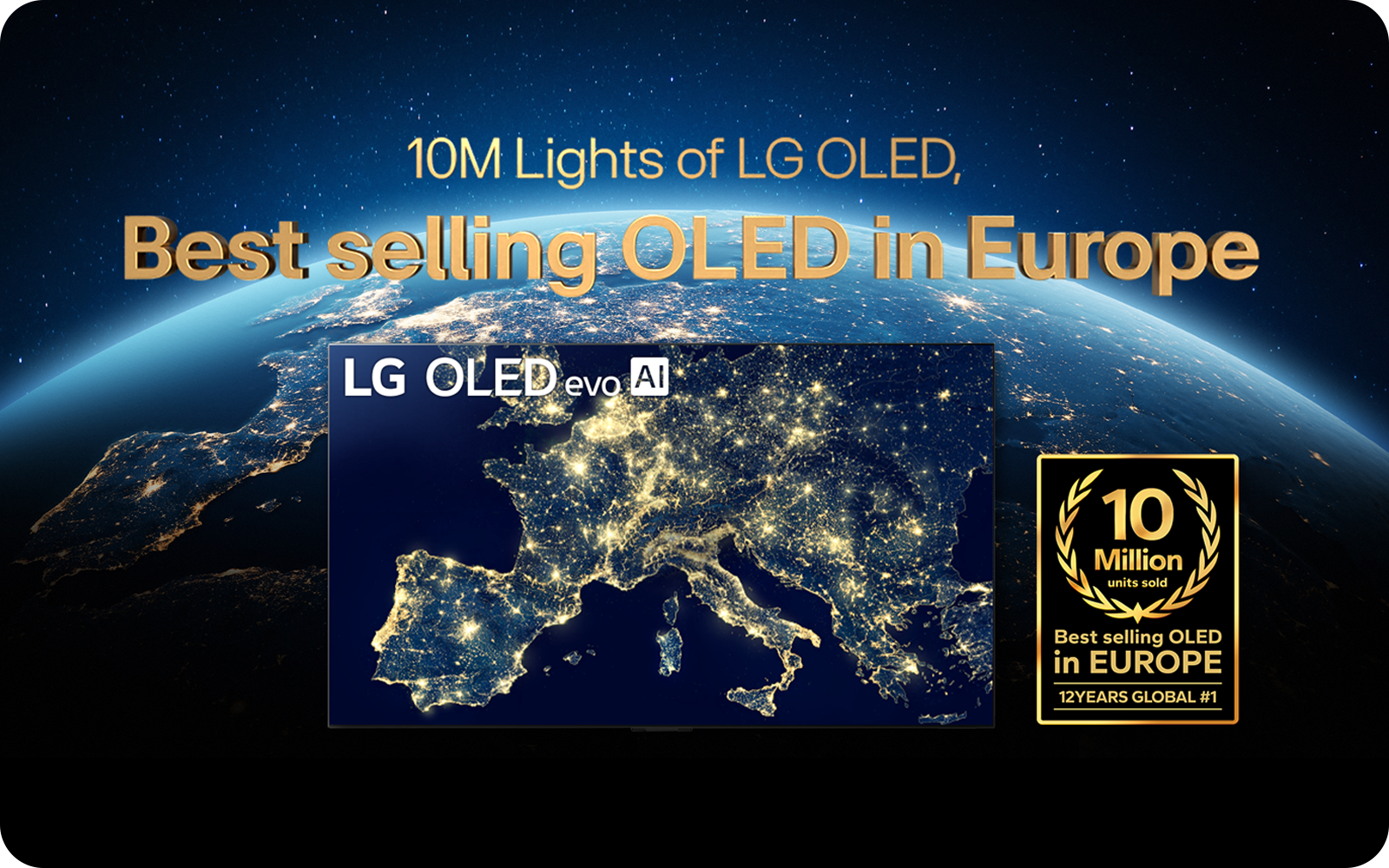 Celebratory image marking LG’s 10 million OLED TVs sold in Europe, with satellite view of Europe.