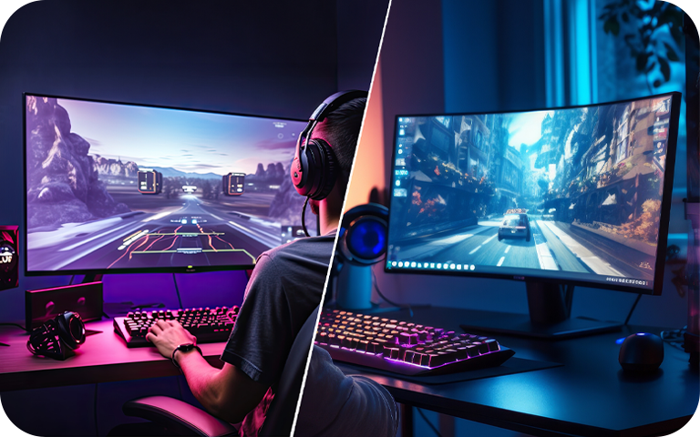 Man with headphones is focused on playing a video game on his 4k pc monitor, immersed in the gaming experience.