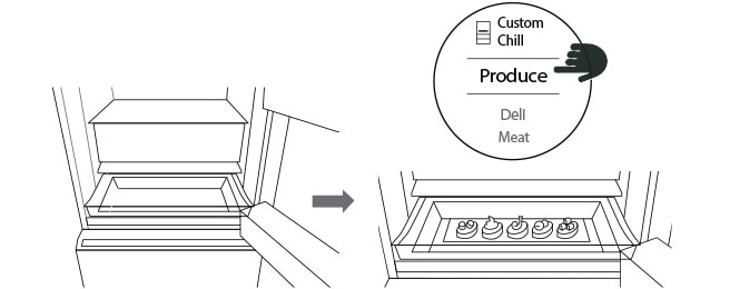 Diverse cup cakes are placed on the LG SIGNATURE Bottom-Freezer's custom chill pantrty.