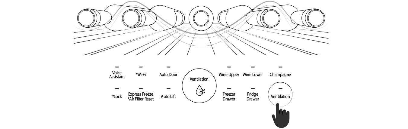 The illustration showing a finger icon pressing 'Ventilation' option on LG SIGNATURE Wine Cellar glass touch display.