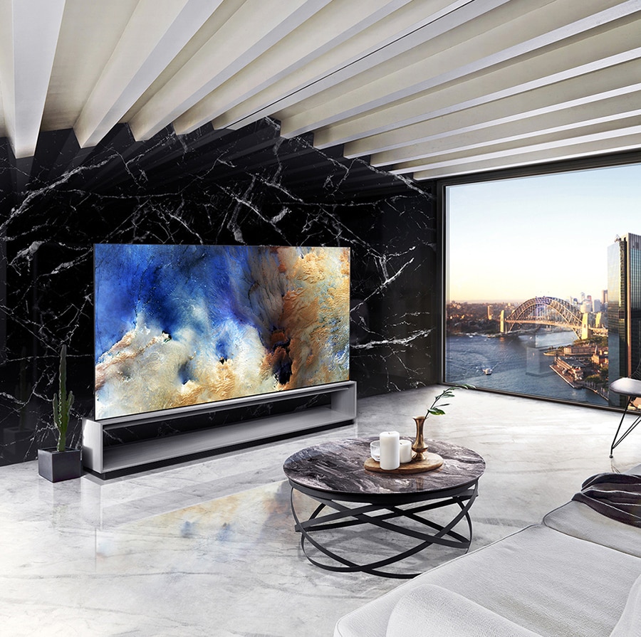 LG SIGNATURE OLED 8K is placed on the living room, which is decorated by Spanish Marquina Black Marble, with the city backdrop.