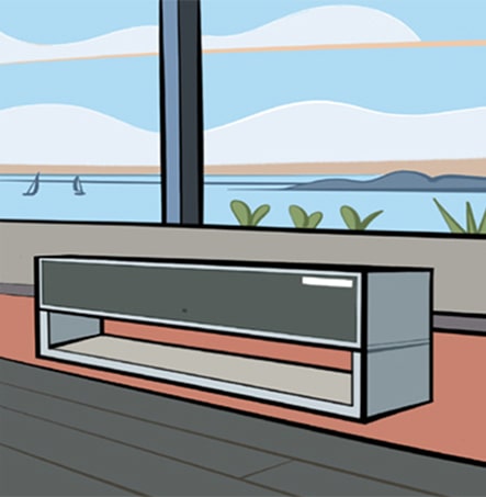 An illustration of OLED R set against a window pane reflecting views of the nature from outside. 