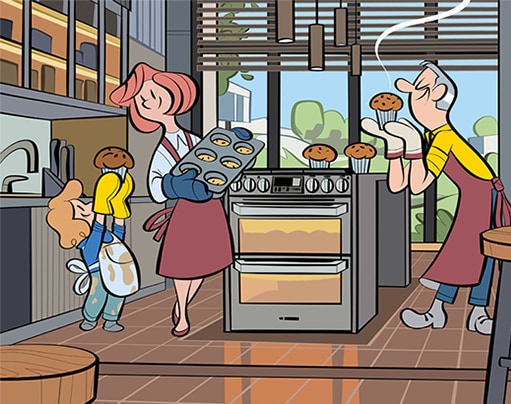 An illustration of a couple and their child gathered around the Oven Range. Looking joyful, they take a whiff of freshly baked muffins.