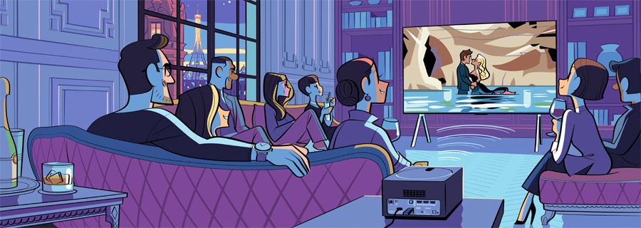 A group of people are enjoying a movie on the OLED M screen, while the Zero Connect Box is shown transmitting the contents of the screen in the foreground.