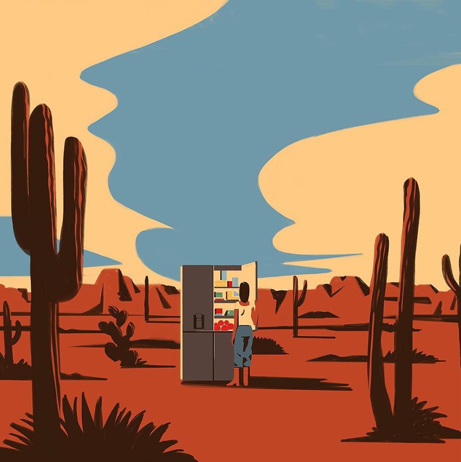 illustration of lg signature refrigerator is laid on the right middle of the desert with some cactuses