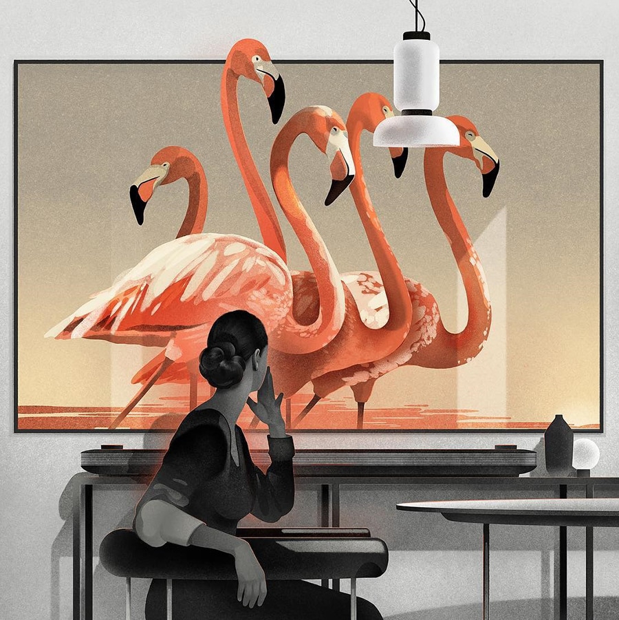 illustration of aw woman sitting on a chair and staring lg signature oled tv with several flamingos on its screen