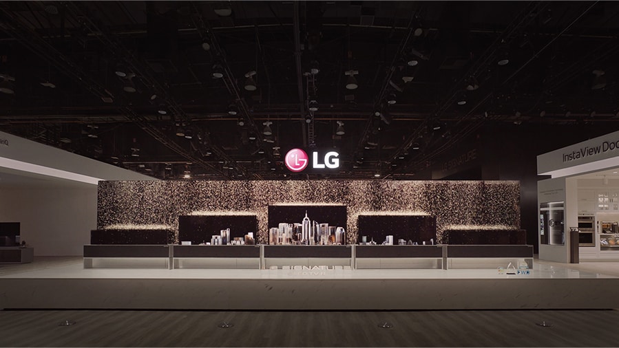 several lg signature oled tv r series featuring different height of their screen are being displayed at ces 2019