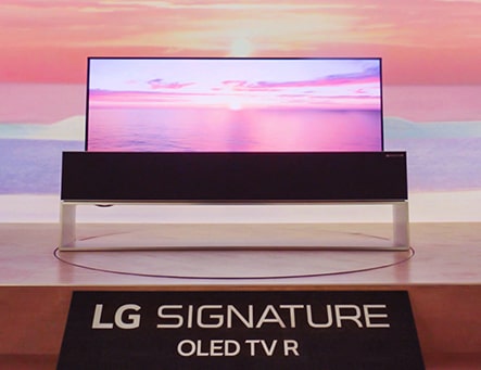 overall shot of line view of lg signature oled tv r which is featuring some part of screen is hidden at ces 2019